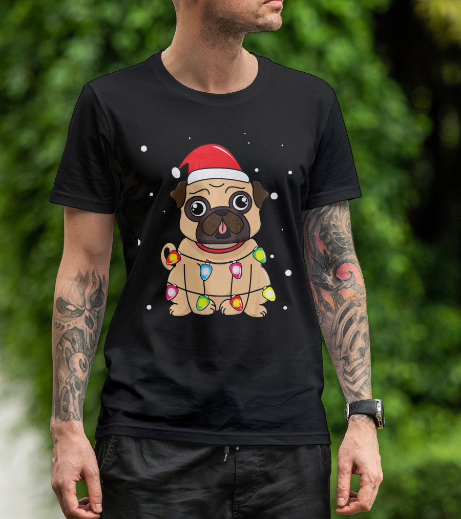 Pug Wearing Santa Hat And Christmas Lights T-Shirt