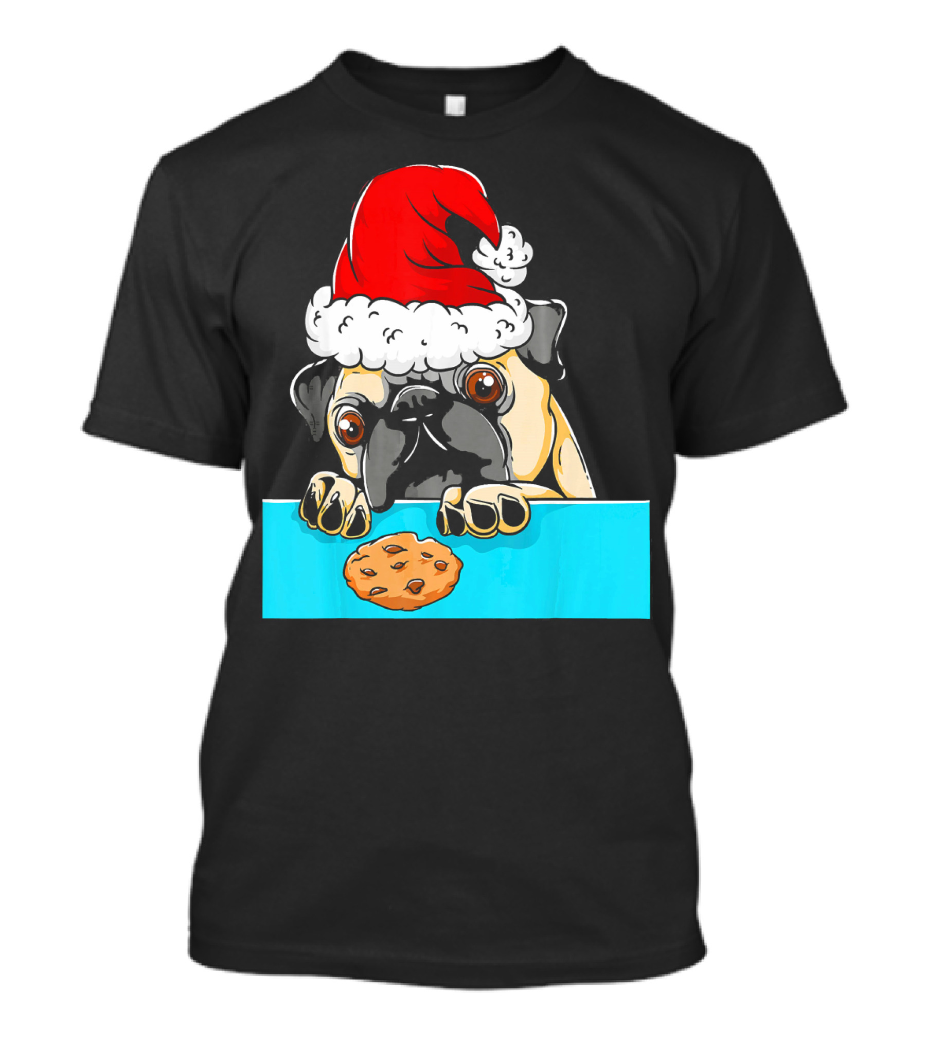 Pug Dog With Santa Claus Hat Looking At Cookie Funny Chris T-Shirt