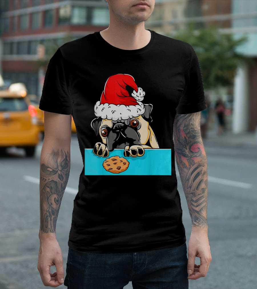 Pug Dog With Santa Claus Hat Looking At Cookie Funny Chris T-Shirt