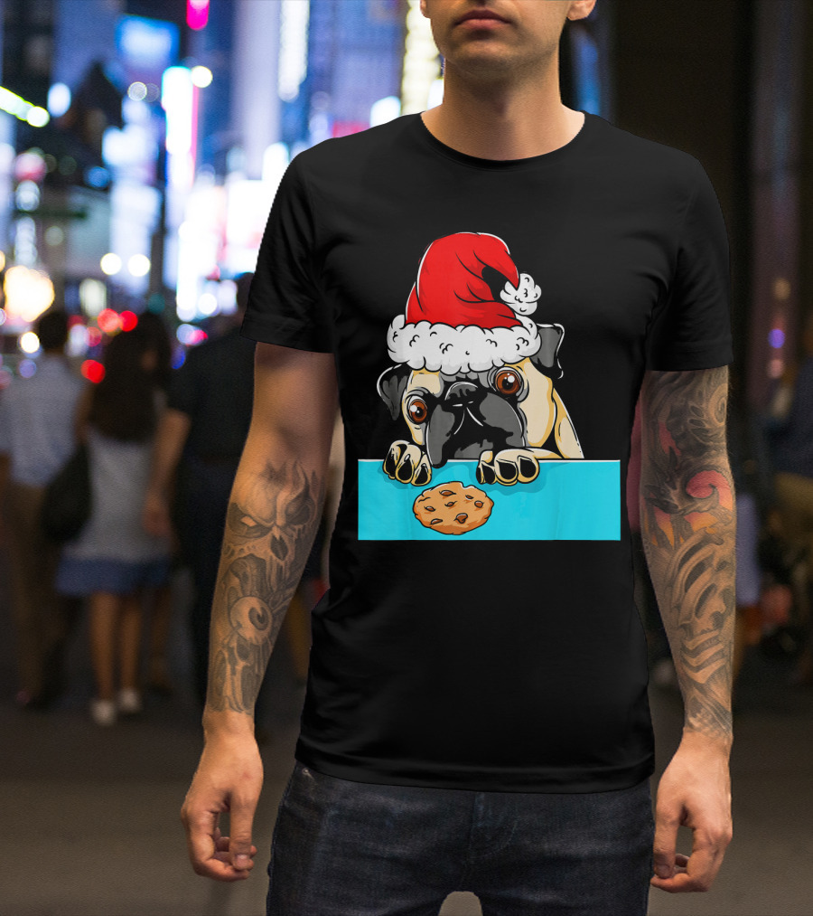 Pug Dog With Santa Claus Hat Looking At Cookie Funny Chris T-Shirt