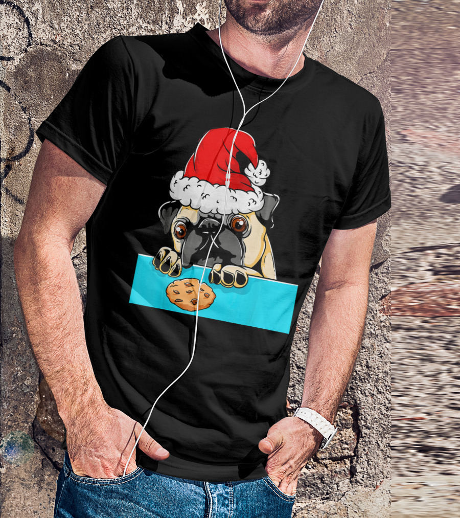 Pug Dog With Santa Claus Hat Looking At Cookie Funny Chris T-Shirt