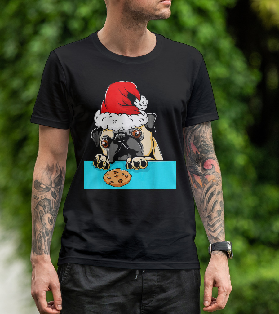 Pug Dog With Santa Claus Hat Looking At Cookie Funny Chris T-Shirt