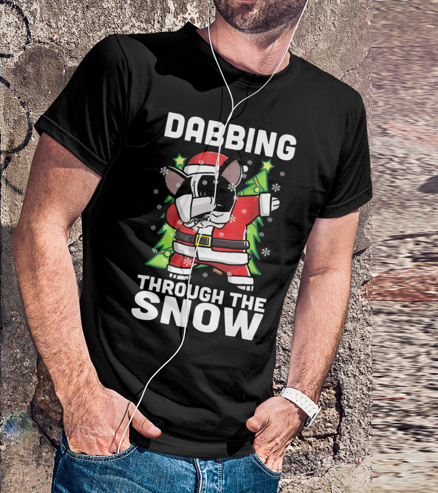 Pied French Bulldog Dabbing Through The Snow Santa Christmas T-Shirt