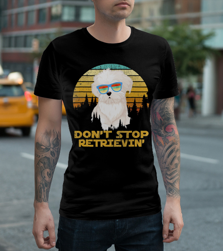 Don't Stop Retrievin' Retro Bichon With Sunglasses Vintage Sunset T-Shirt