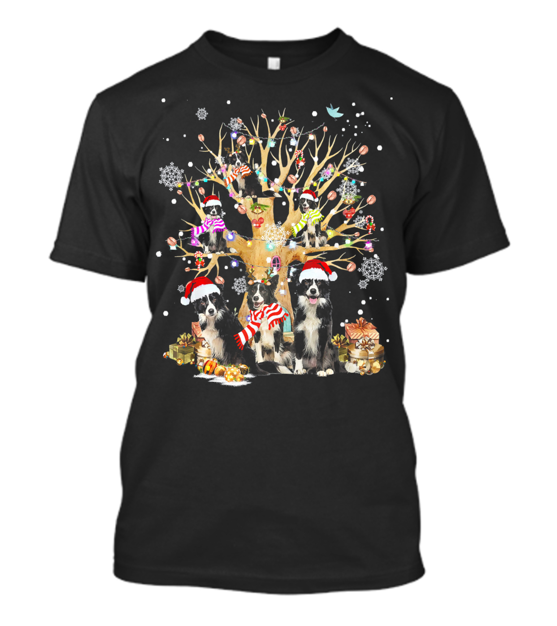 Border Collie Christmas Tree With Santa Hats And Ornaments T-Shirt