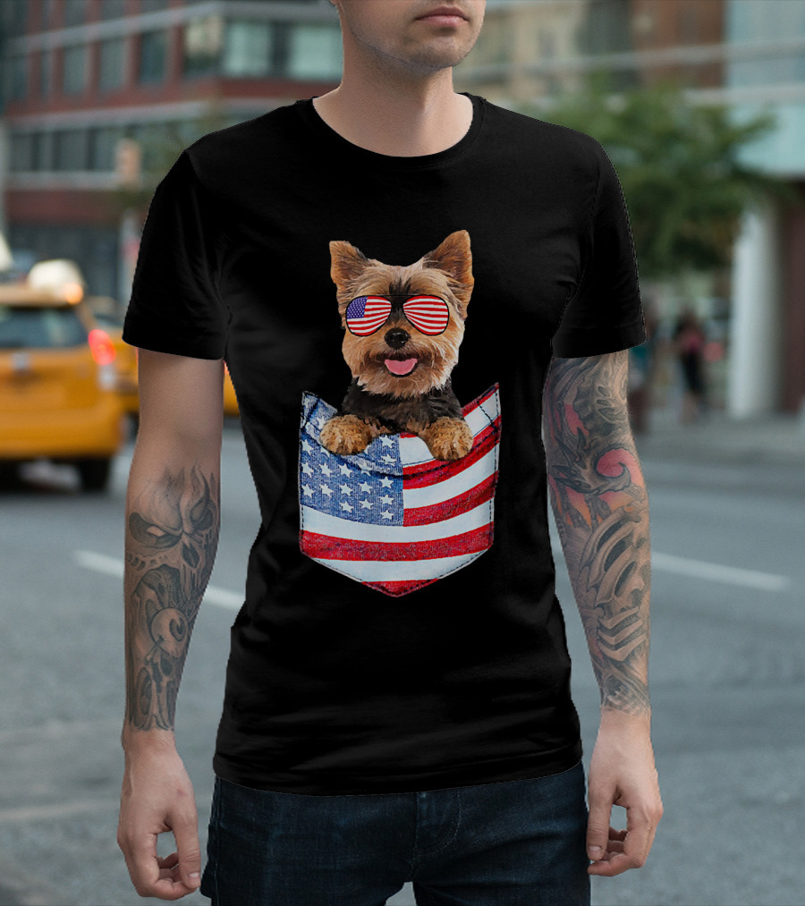 Yorkshire Terrier Yorkie In American Flag Pocket With Sunglasses T-Shirt