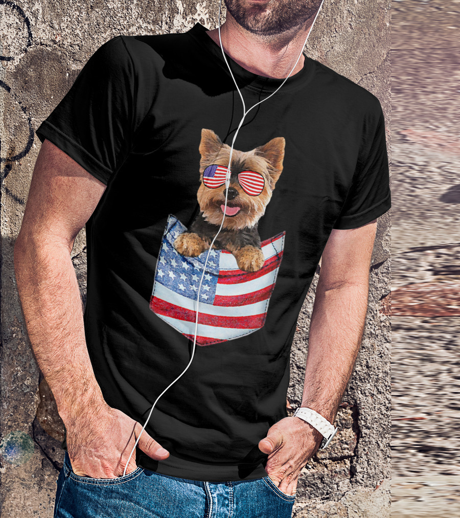 Yorkshire Terrier Yorkie In American Flag Pocket With Sunglasses T-Shirt