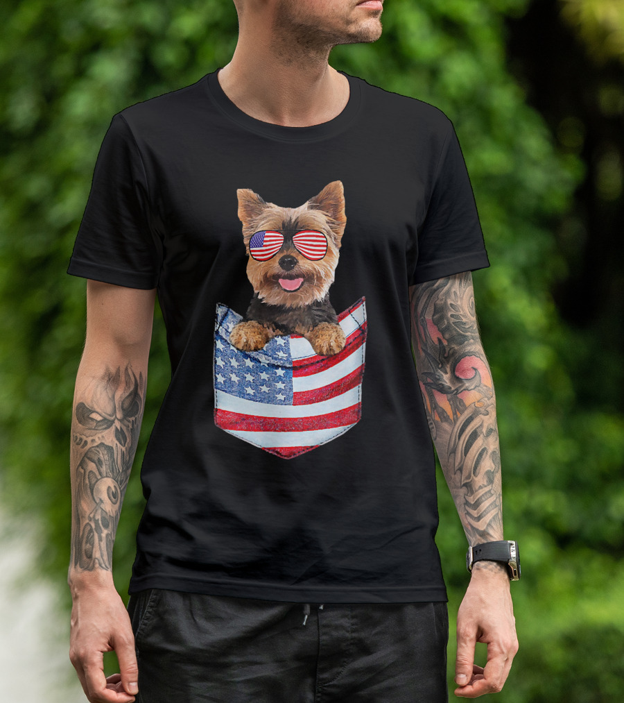 Yorkshire Terrier Yorkie In American Flag Pocket With Sunglasses T-Shirt