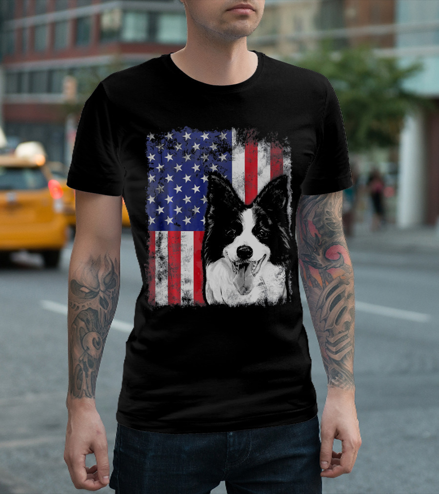 Border Collie American Flag USA Starry Stripes T-Shirt