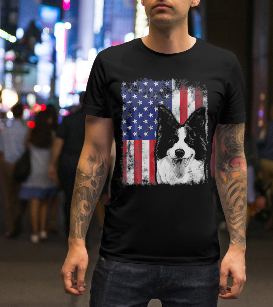 Border Collie American Flag USA Starry Stripes T-Shirt