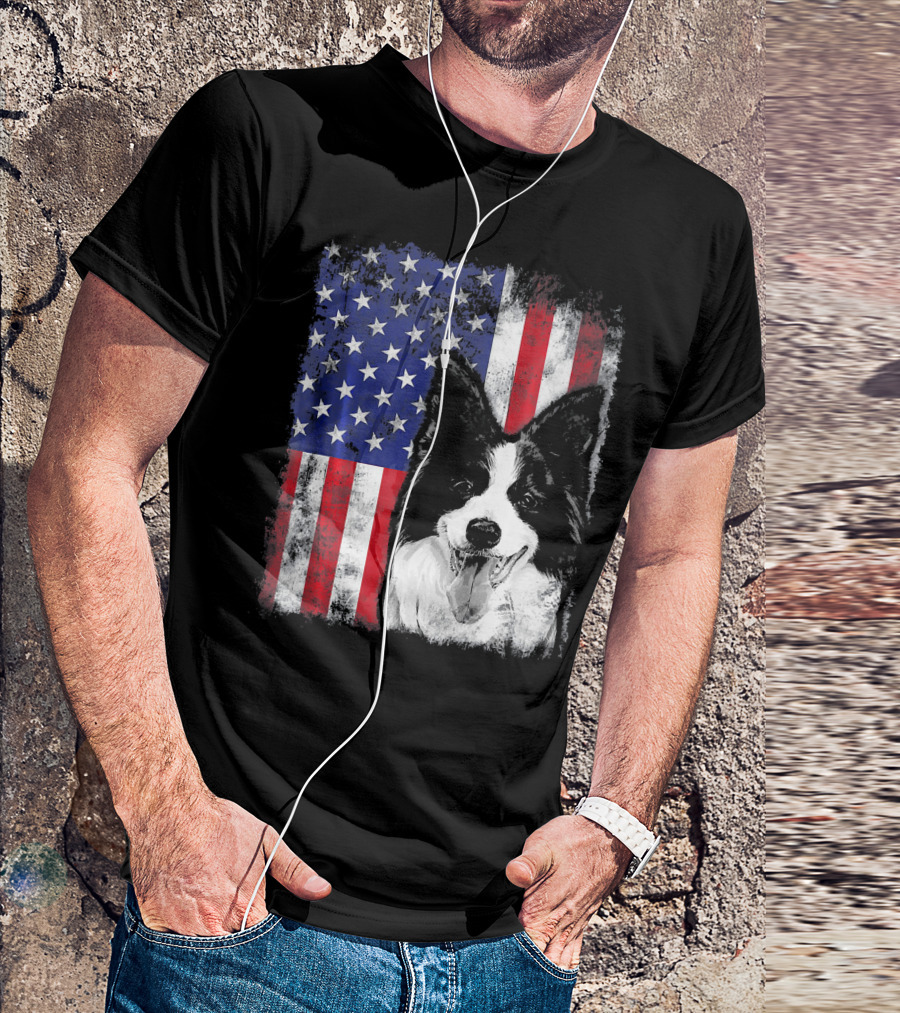 Border Collie American Flag USA Starry Stripes T-Shirt