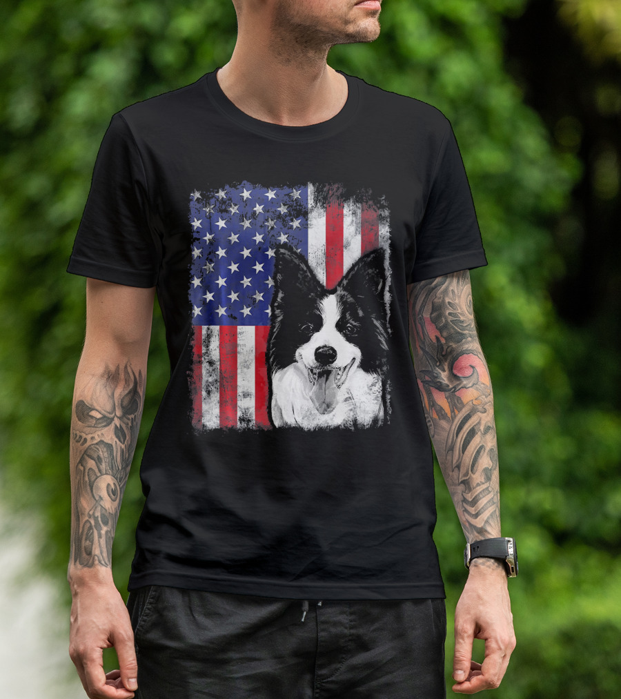 Border Collie American Flag USA Starry Stripes T-Shirt