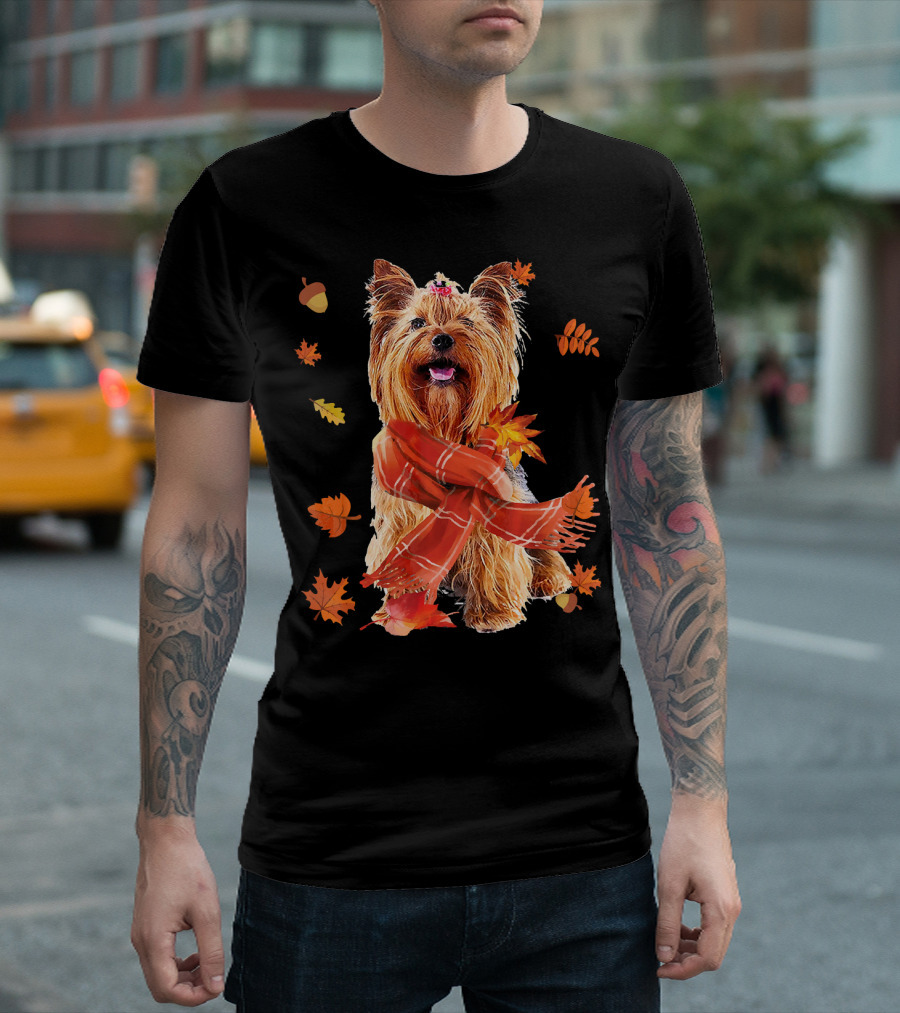 Cute Yorkshire Terrier Dog Autumn Leaves Scarf Acorn T-Shirt