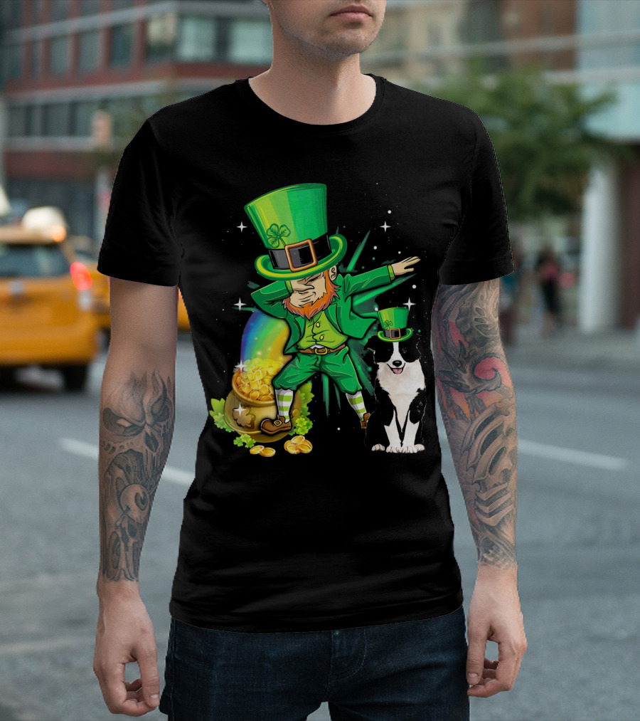 Dabechaun Border Collie Leprechaun Green Gold Pot Rainbow T-Shirt