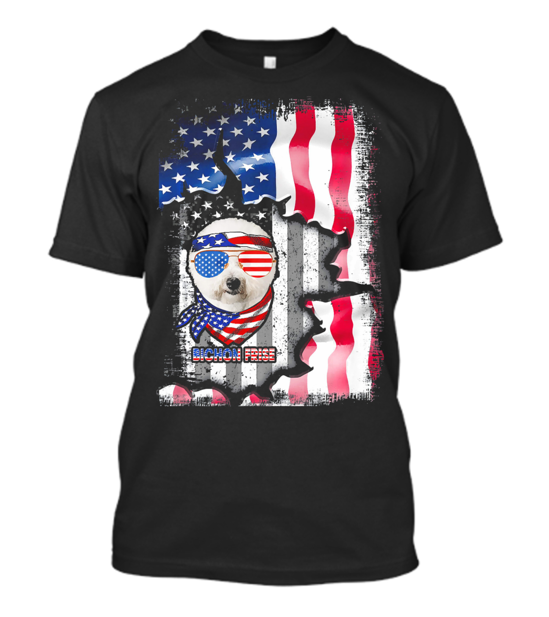 Bichon Frise Dog Lover Fun American Flag Bandana Sunglasses T-Shirt