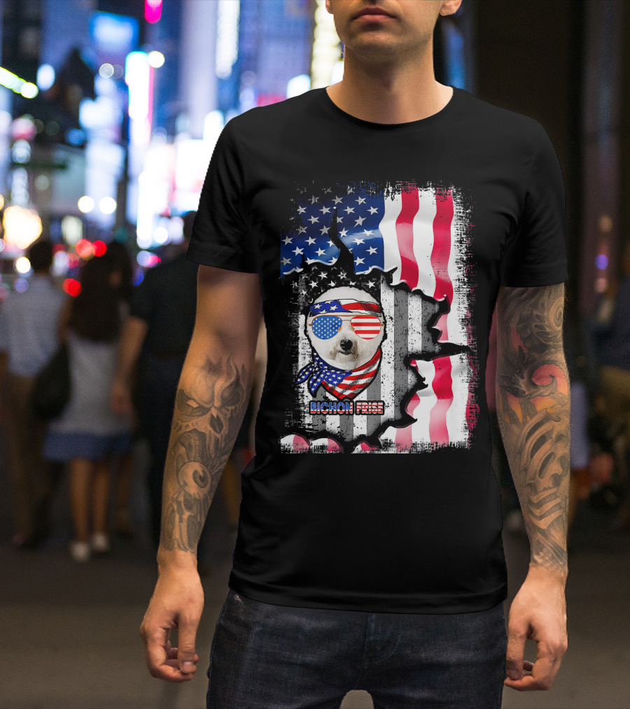 Bichon Frise Dog Lover Fun American Flag Bandana Sunglasses T-Shirt