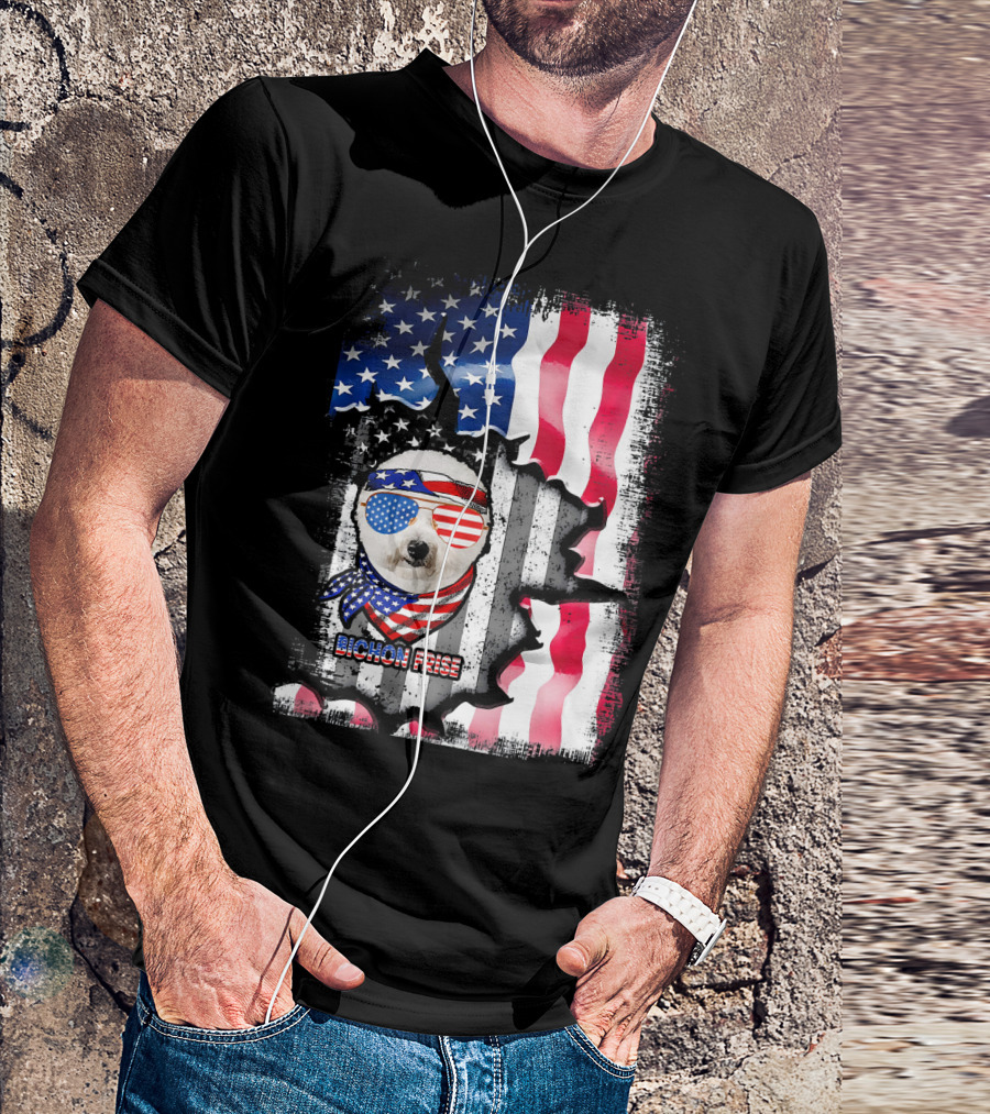 Bichon Frise Dog Lover Fun American Flag Bandana Sunglasses T-Shirt