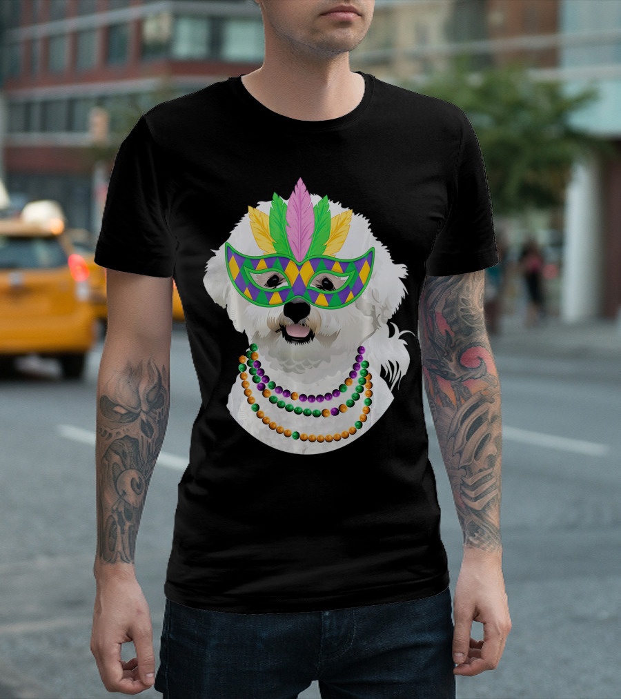 Bichons Frise in Mardi Gras Mask and Beads Collar T-Shirt
