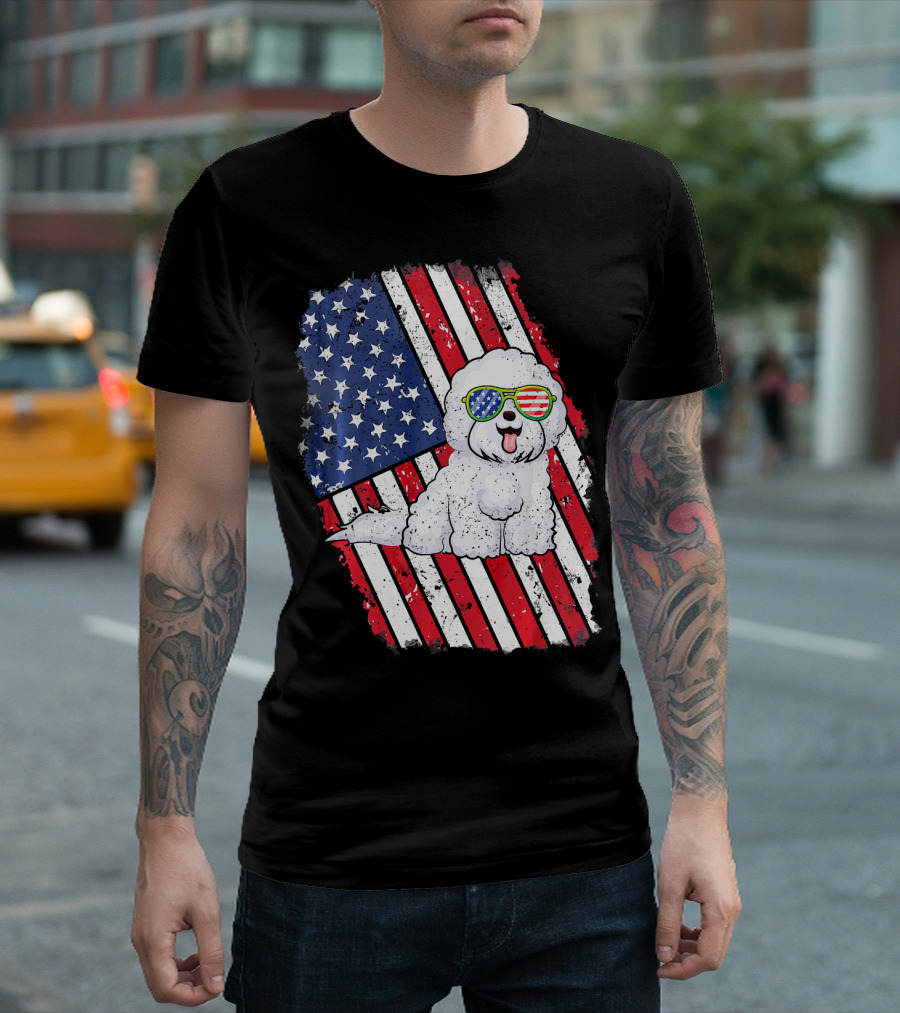 Bichon Frise with American Flag Sunglasses Patriotic Background T-Shirt