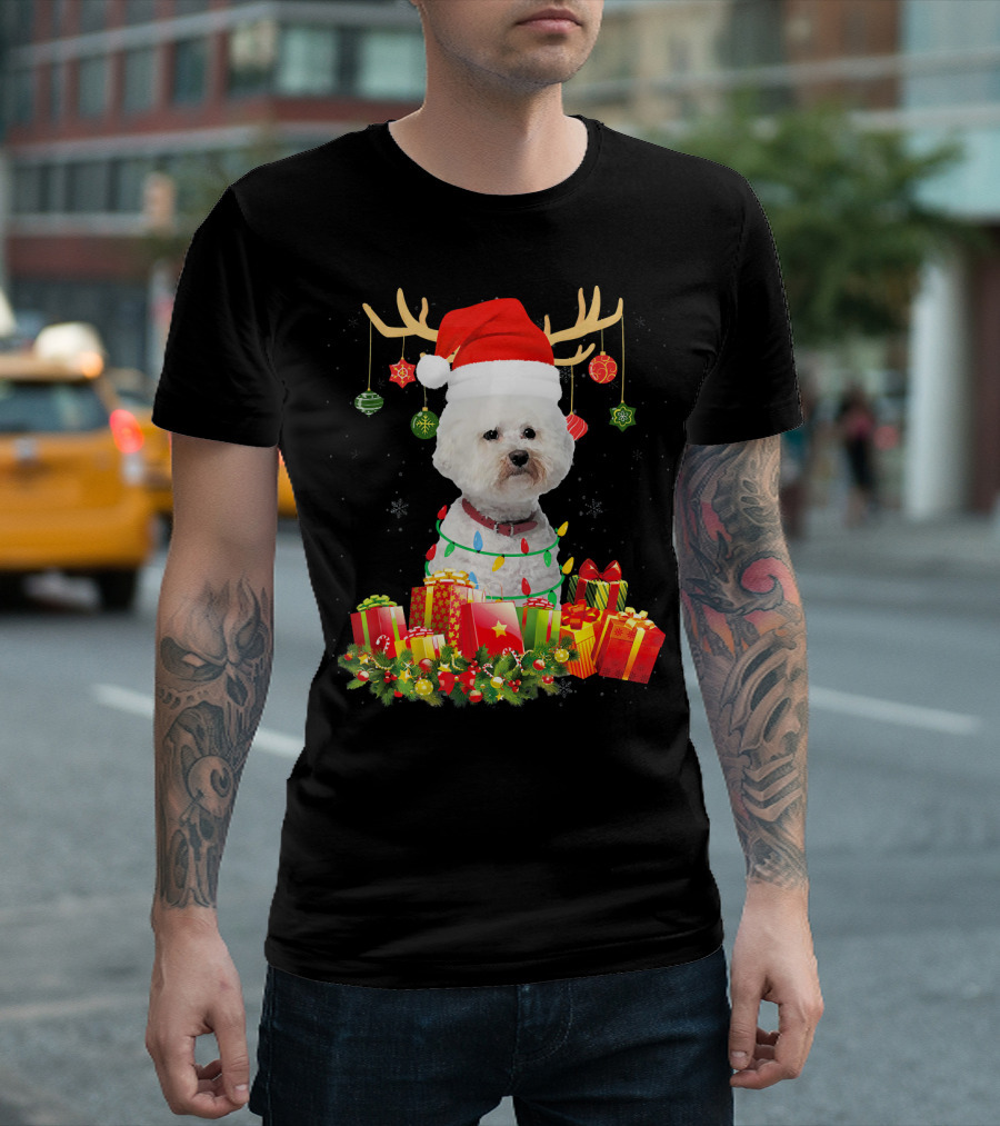 Bichon Frise Dog in Reindeer Antlers and Santa Hat with Christmas Lights and Gifts T-Shirt