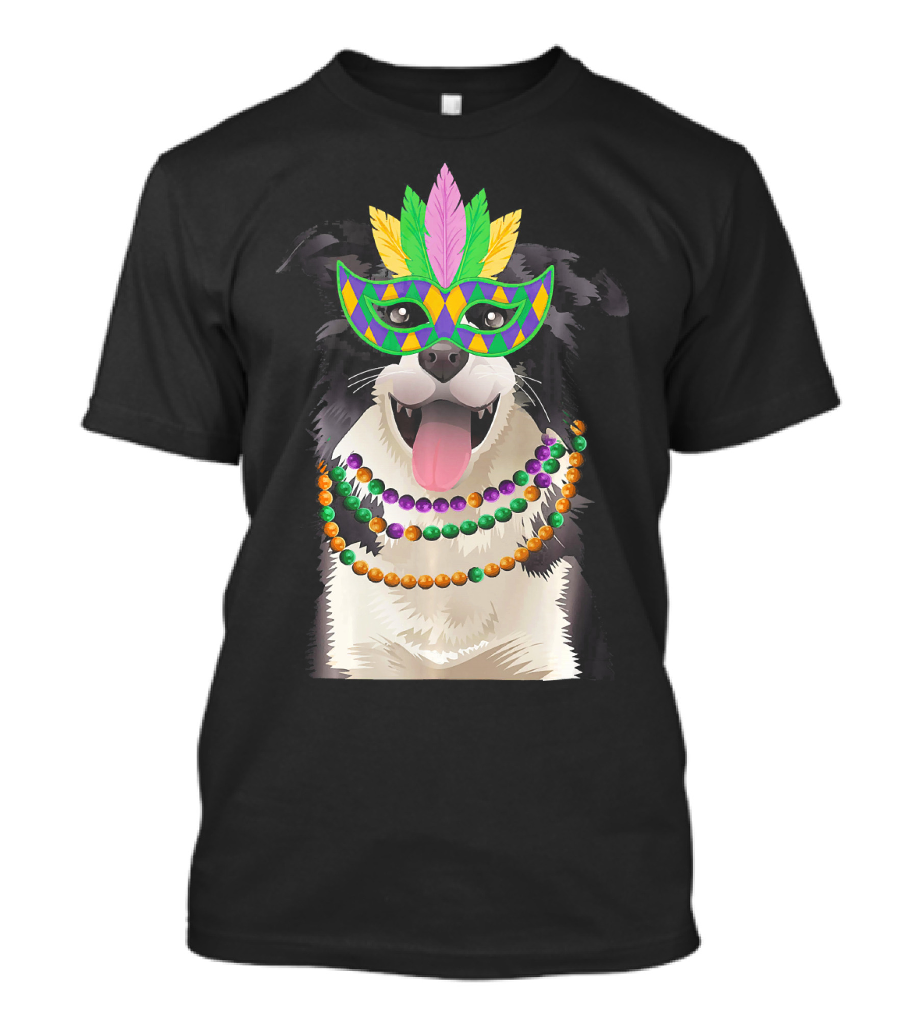 Border Collie In Mardi Gras Mask With Beads T-Shirt