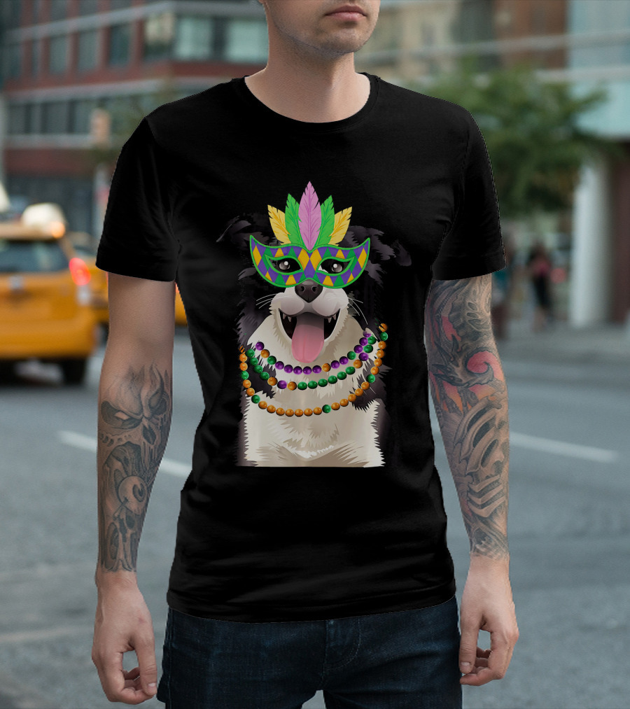 Border Collie In Mardi Gras Mask With Beads T-Shirt