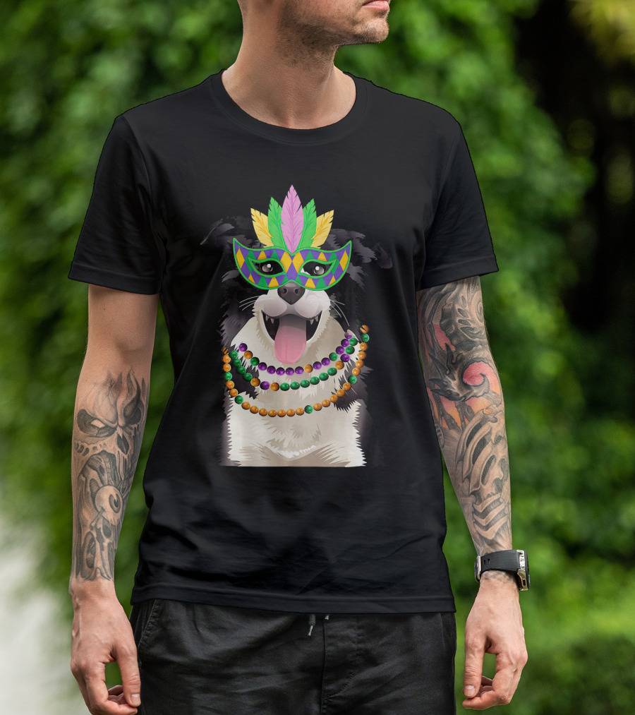 Border Collie In Mardi Gras Mask With Beads T-Shirt