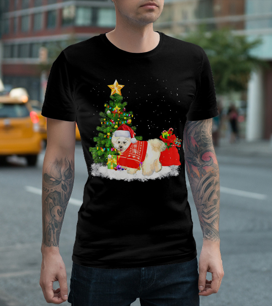 Bichon Frise Dog Christmas Tree Santa Hat Holiday Scene T-Shirt
