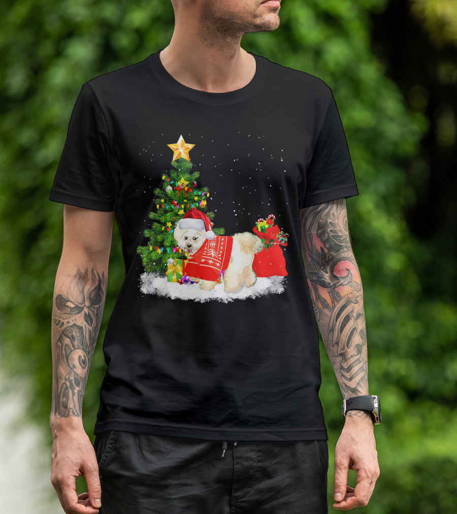 Bichon Frise Dog Christmas Tree Santa Hat Holiday Scene T-Shirt