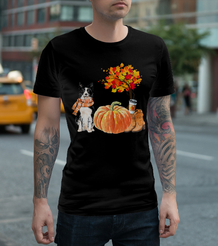 Border Collie Cozy Autumn Pumpkin Spice Latte with Scarf and Fall Foliage T-Shirt