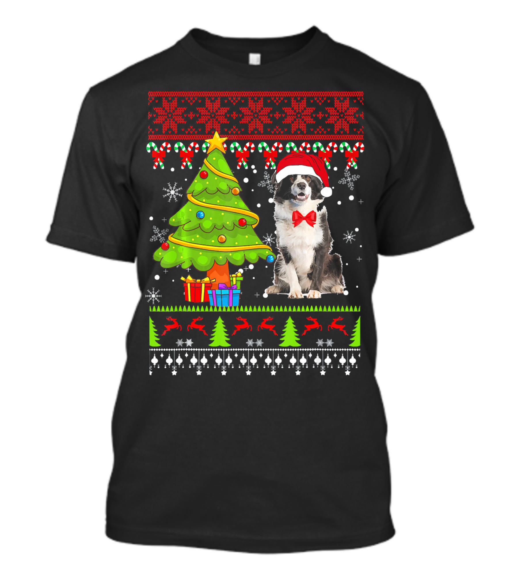 Border Collie Ugly Christmas Sweater Tree Presents Snowflakes T-Shirt