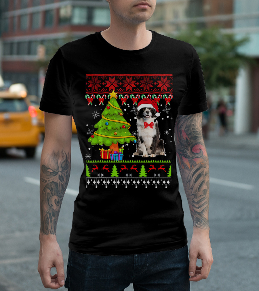 Border Collie Ugly Christmas Sweater Tree Presents Snowflakes T-Shirt