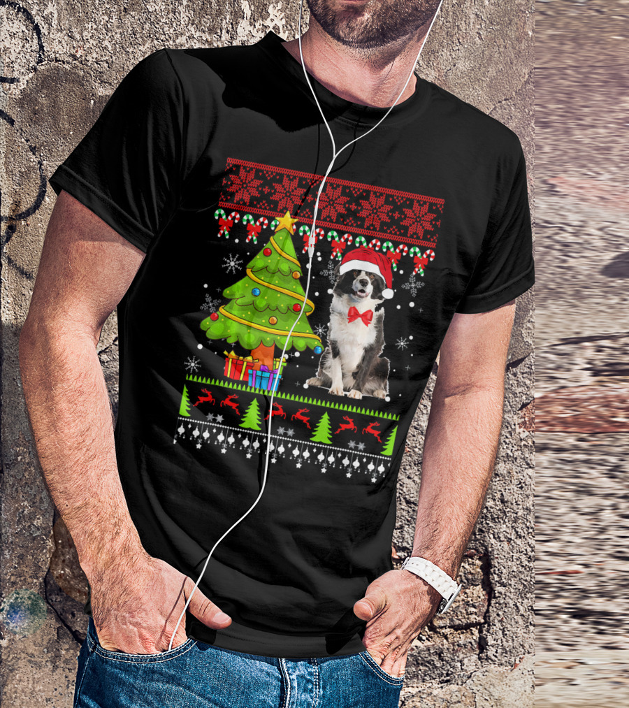 Border Collie Ugly Christmas Sweater Tree Presents Snowflakes T-Shirt