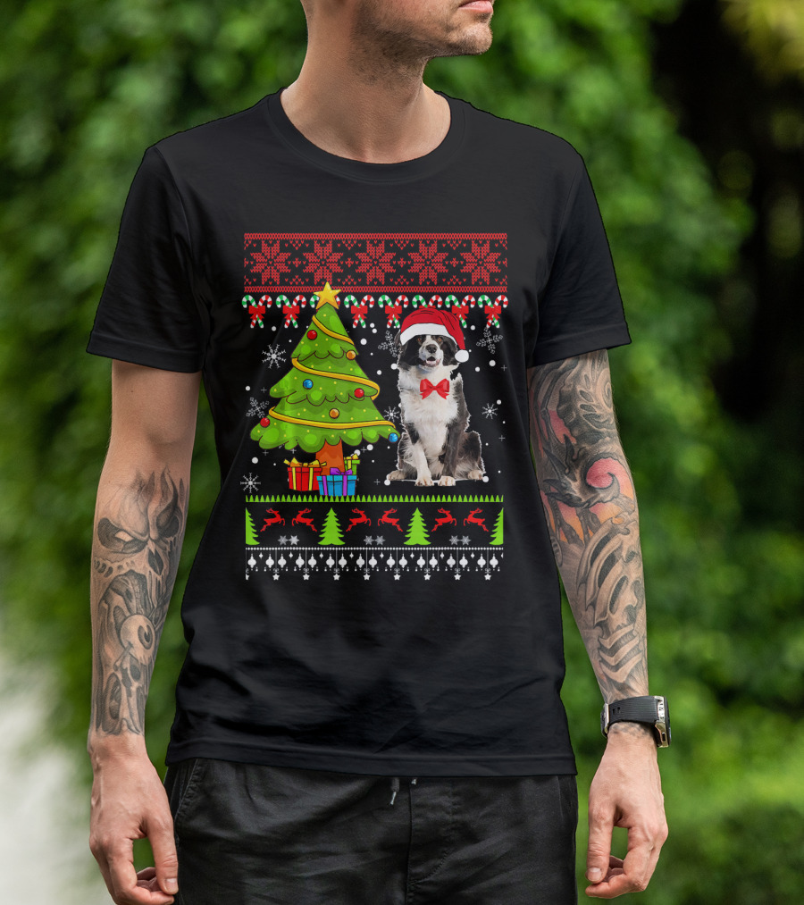 Border Collie Ugly Christmas Sweater Tree Presents Snowflakes T-Shirt