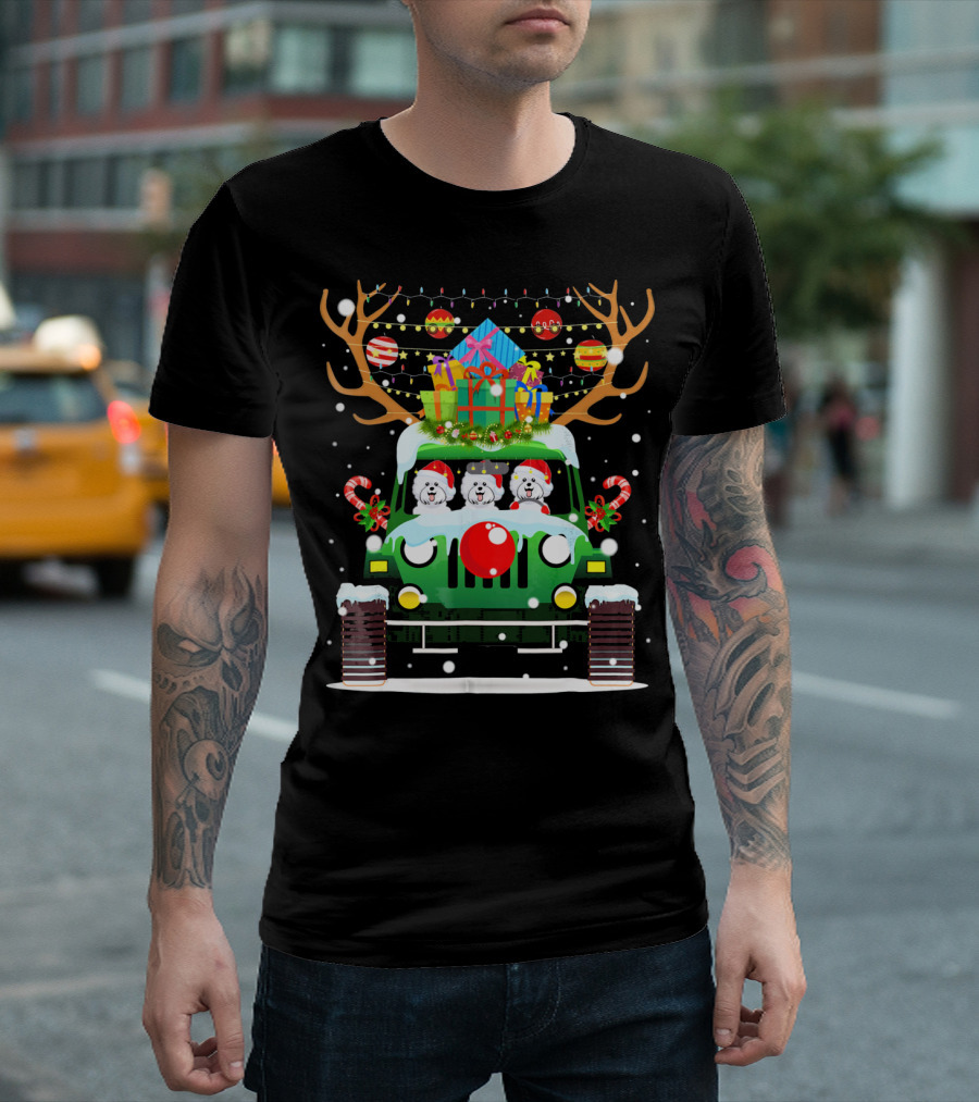 Bichons Frise Santa in Jeep with Reindeer Antlers and Gifts T-Shirt