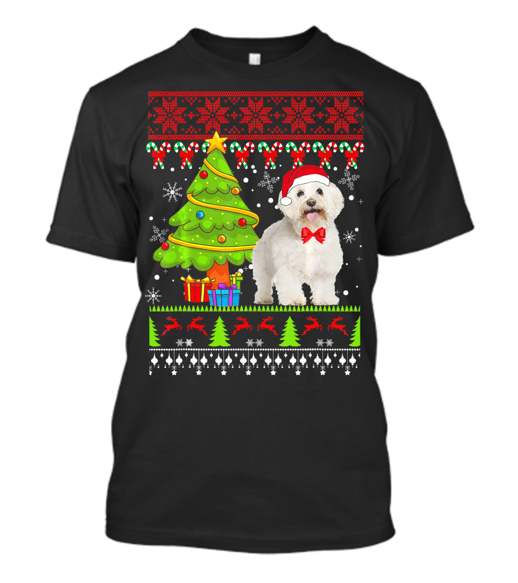 Bichon Frise Ugly Christmas Sweater Festive Holiday Dog With Santa Hat And Tree T-Shirt