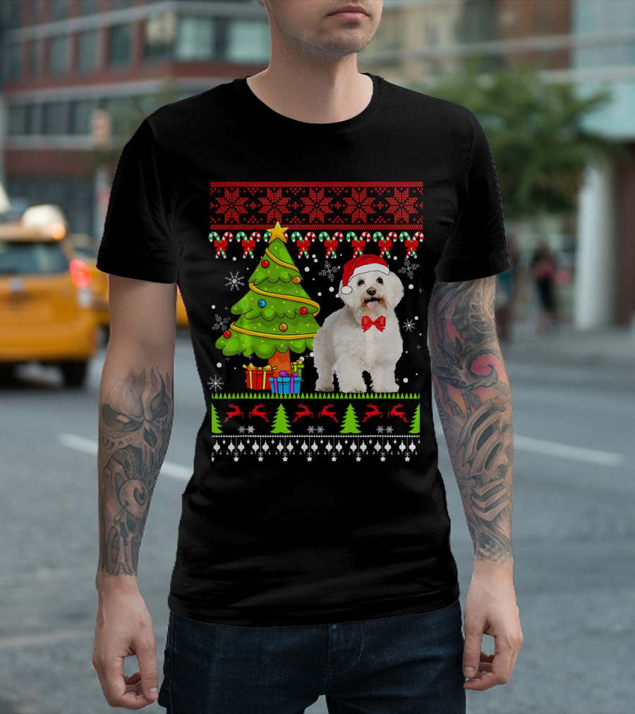 Bichon Frise Ugly Christmas Sweater Festive Holiday Dog With Santa Hat And Tree T-Shirt
