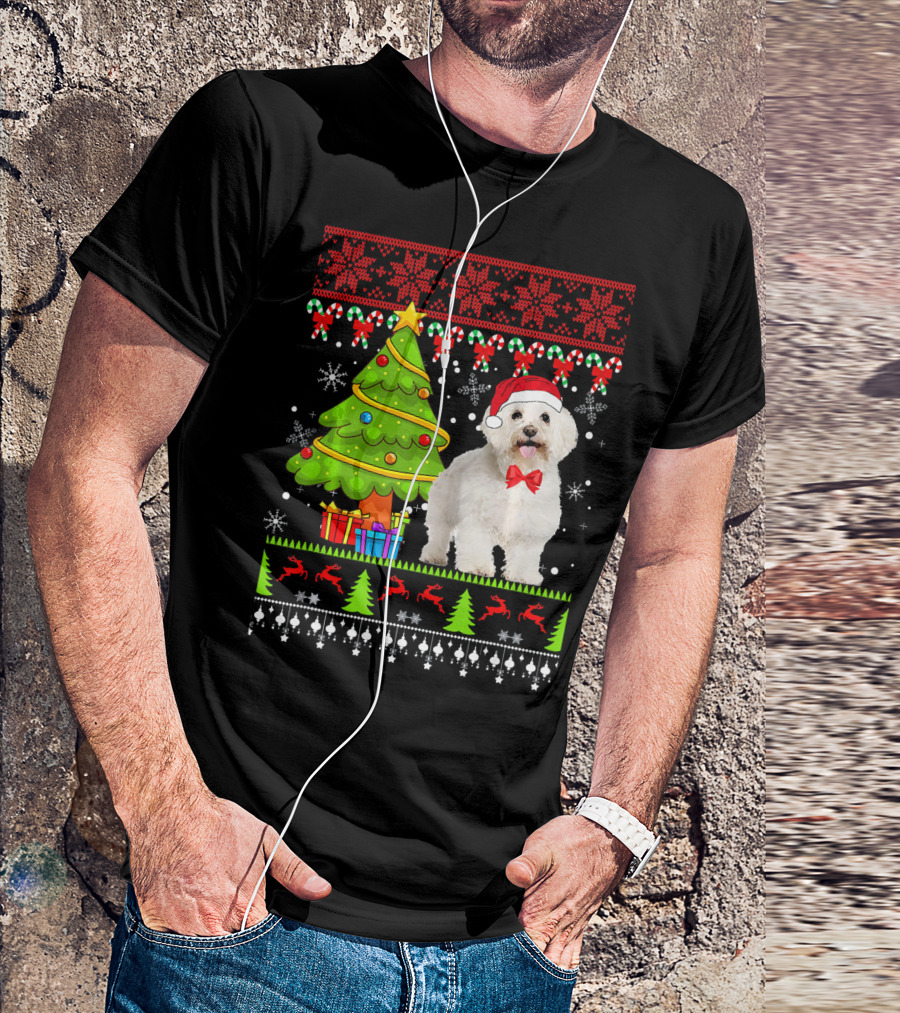 Bichon Frise Ugly Christmas Sweater Festive Holiday Dog With Santa Hat And Tree T-Shirt