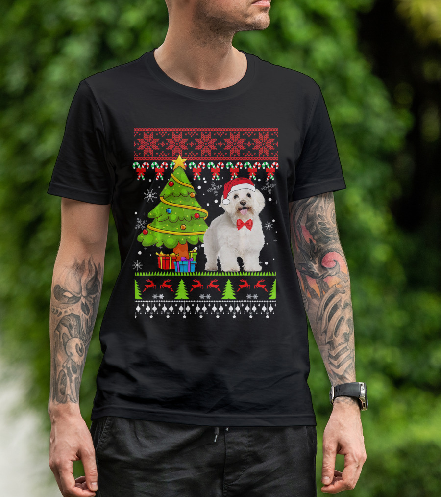 Bichon Frise Ugly Christmas Sweater Festive Holiday Dog With Santa Hat And Tree T-Shirt