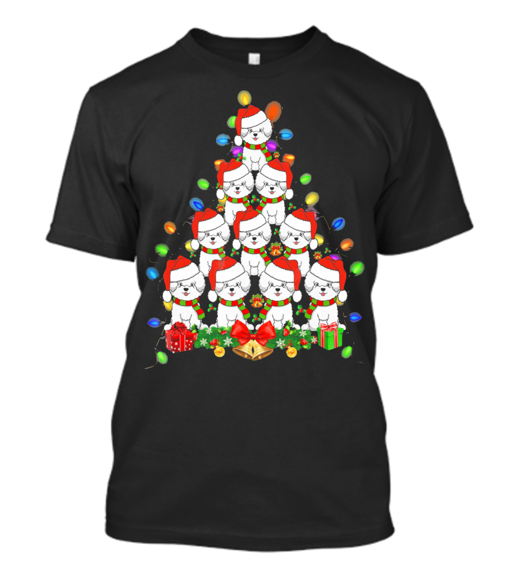 Bichon Frise Christmas Tree With Santa Hats And Holiday Lights T-Shirt