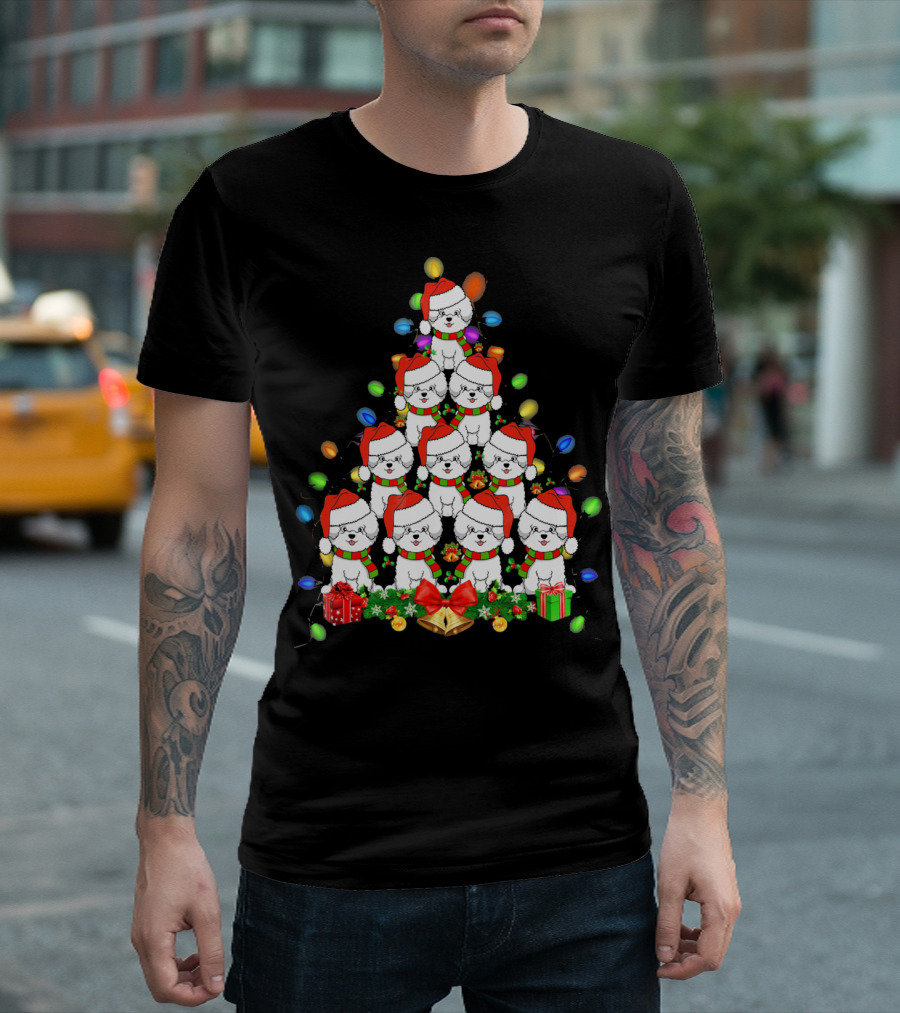 Bichon Frise Christmas Tree With Santa Hats And Holiday Lights T-Shirt