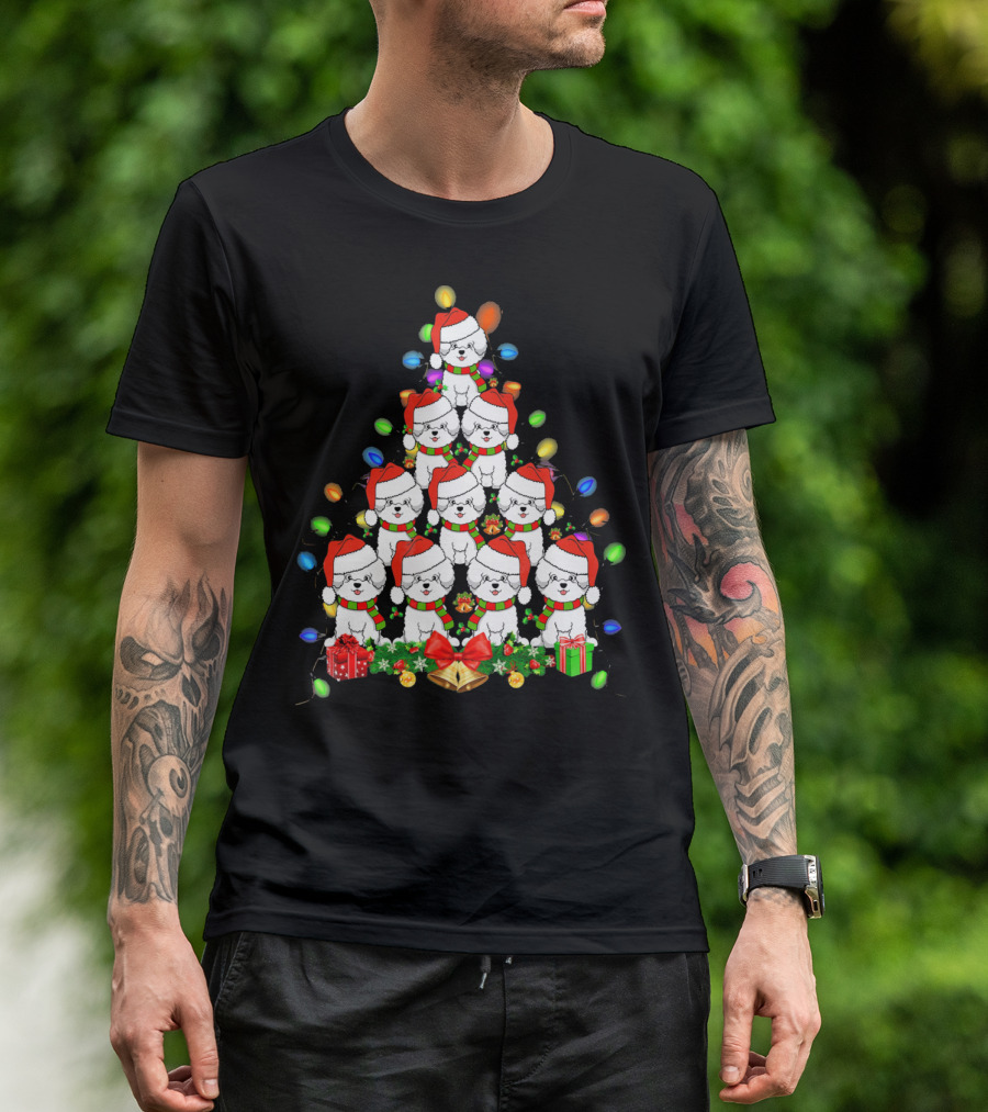 Bichon Frise Christmas Tree With Santa Hats And Holiday Lights T-Shirt
