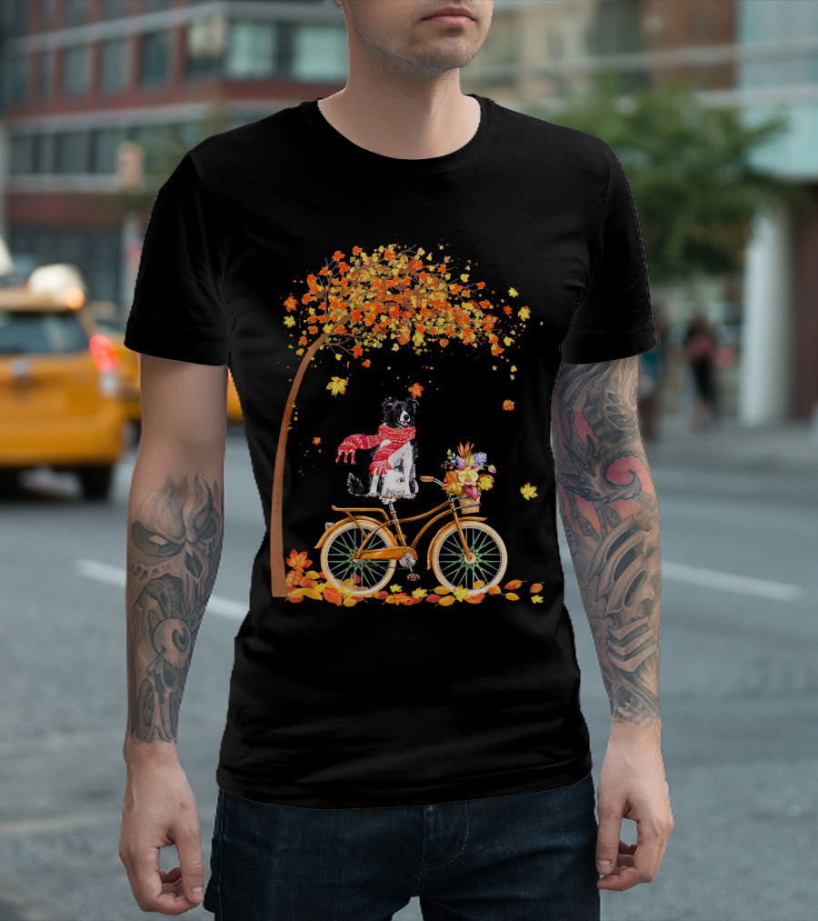 Border Collie Riding Bicycle Under Autumn Leaves Wearing Scarf T-Shirt