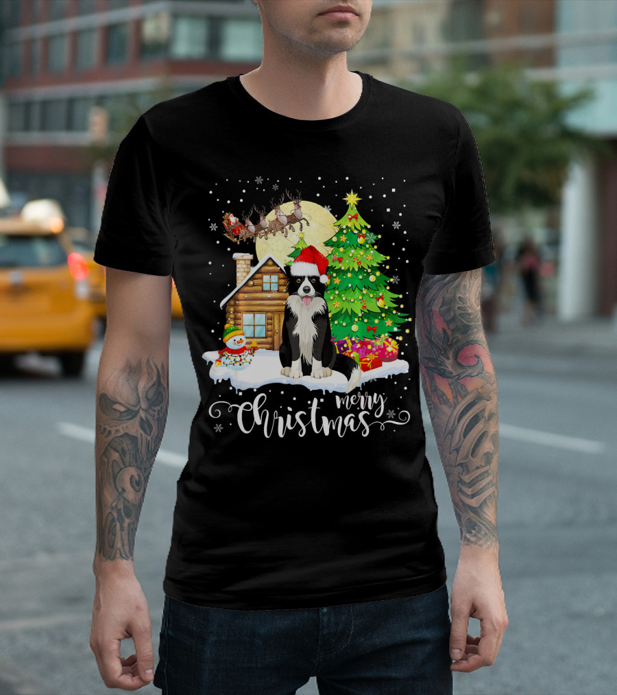 Border Collie Merry Christmas Santa Hat Christmas Tree Cabin Scene T-Shirt