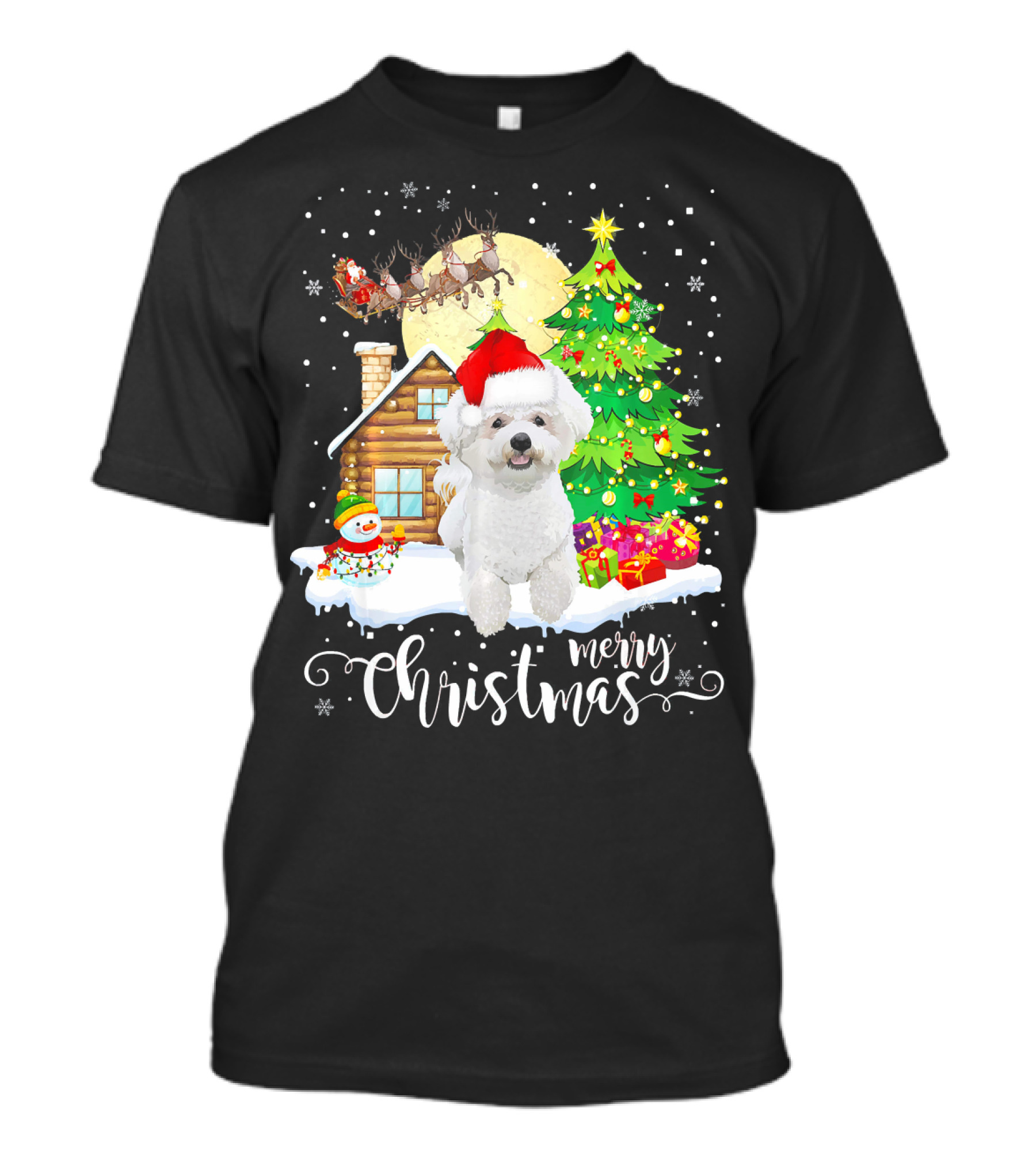 Bichon Frise Merry Christmas Santa Hat Cabin Snowman Tree T-Shirt