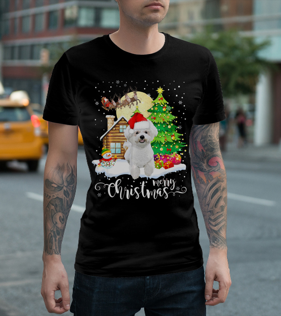 Bichon Frise Merry Christmas Santa Hat Cabin Snowman Tree T-Shirt