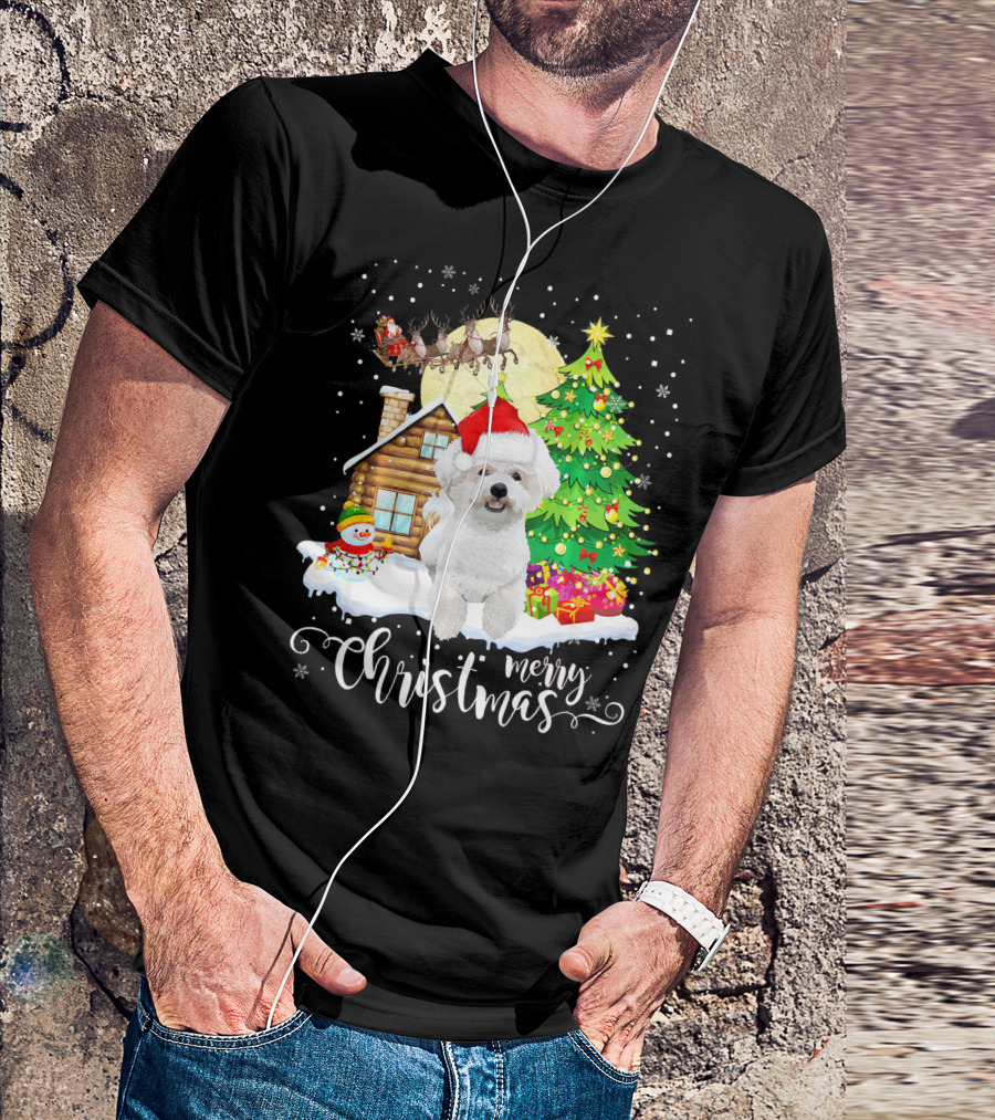Bichon Frise Merry Christmas Santa Hat Cabin Snowman Tree T-Shirt