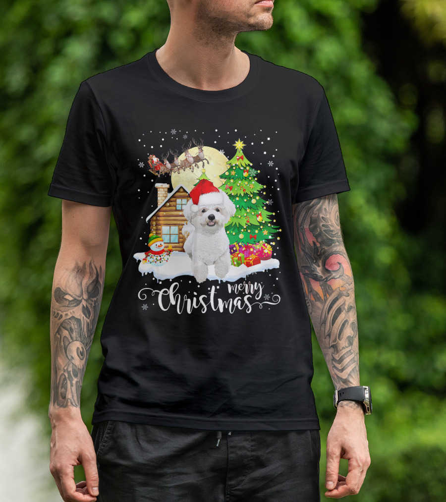 Bichon Frise Merry Christmas Santa Hat Cabin Snowman Tree T-Shirt