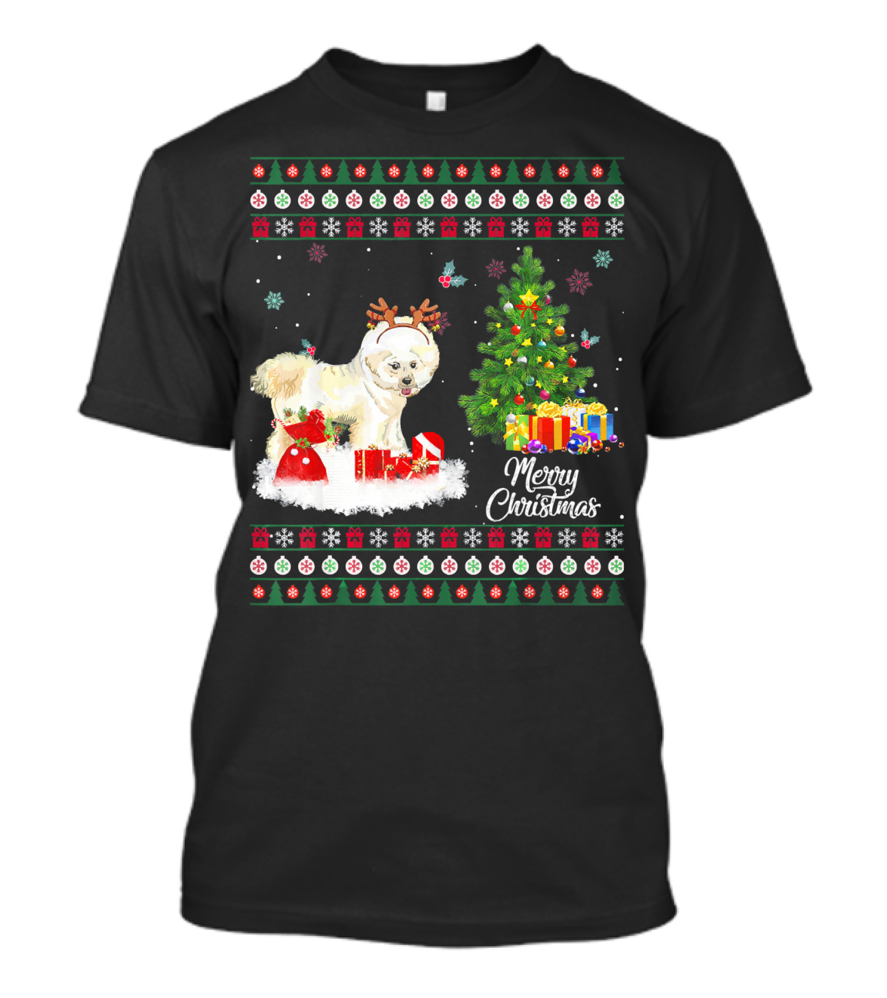Merry Christmas Bichon Frise Funny Reindeer With Gifts And Tree T-Shirt
