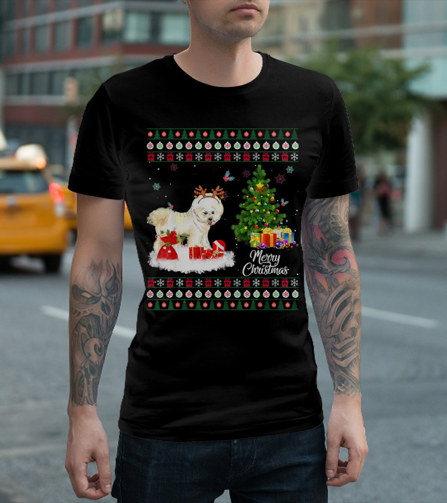 Merry Christmas Bichon Frise Funny Reindeer With Gifts And Tree T-Shirt